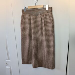 VINTAGE Women Midi Skirt Wool And Leather Plaid Zipper Button Closure High Waist